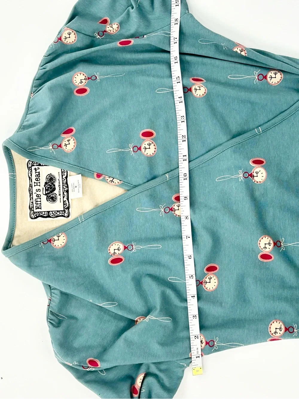 Effie’s Heart Pocket Watch Print Tunic Mini Dress M Teal Retro Cotton Stretch